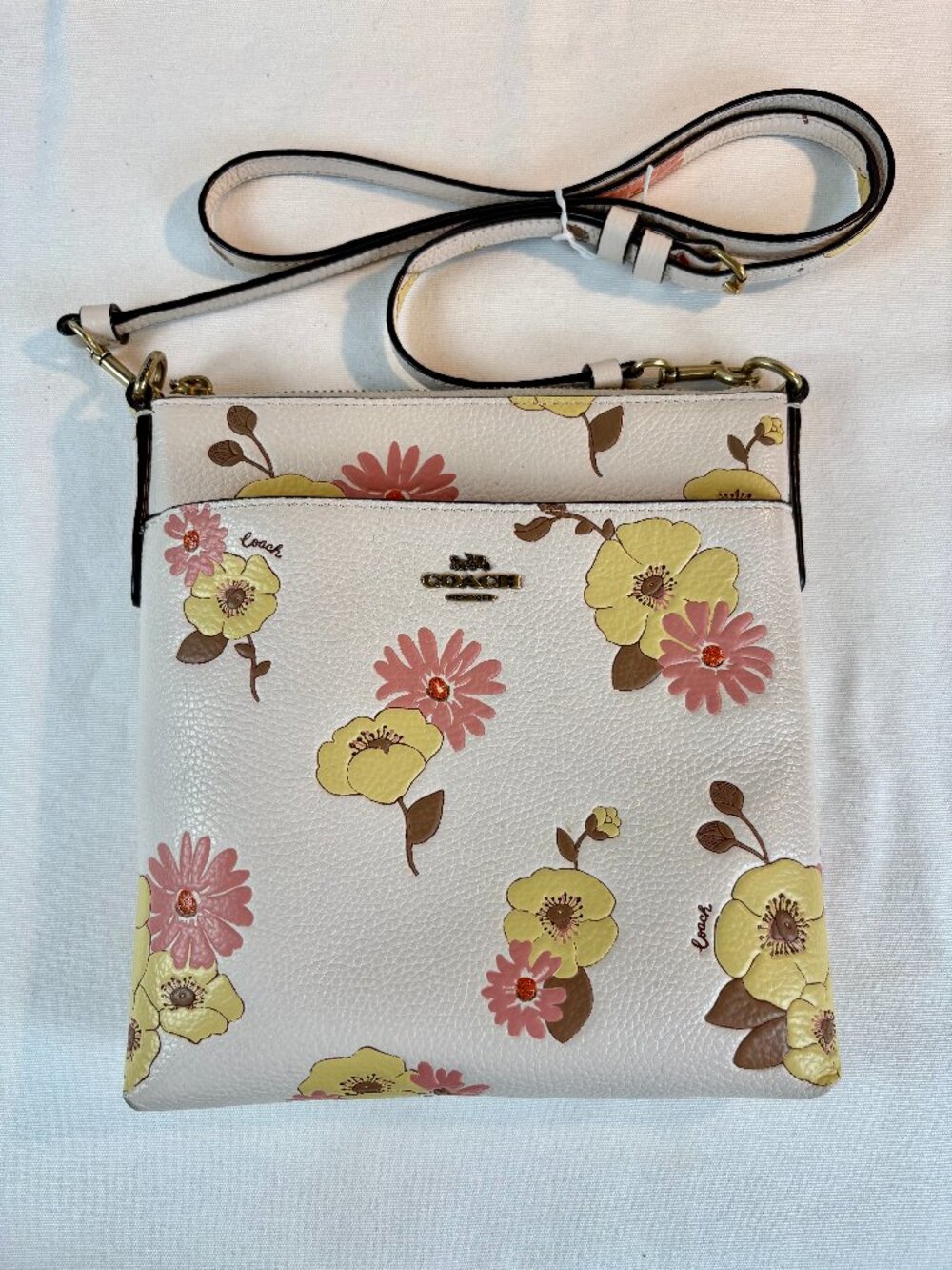COACH Kitt Floral Print Leather Crossbody Bag - Cream with Pink & Yellow Flowers